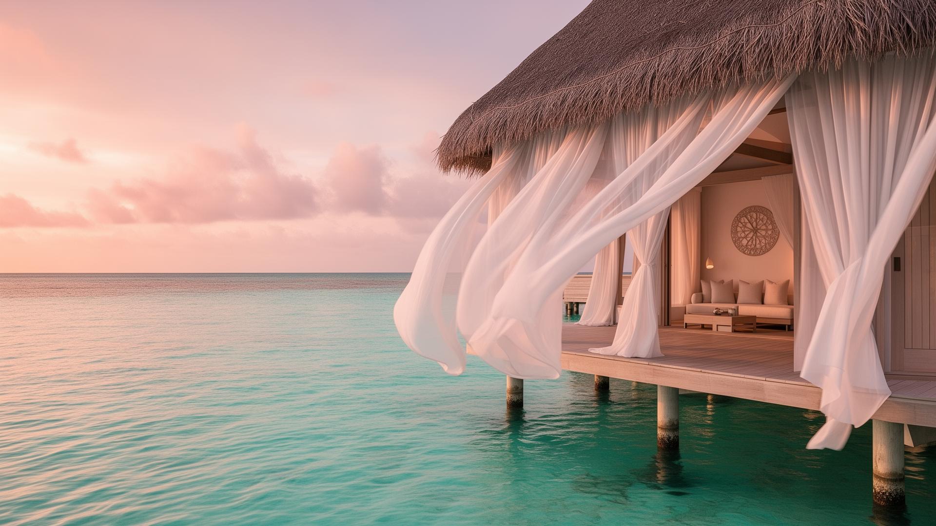 Luxury overwater retreat at sunset