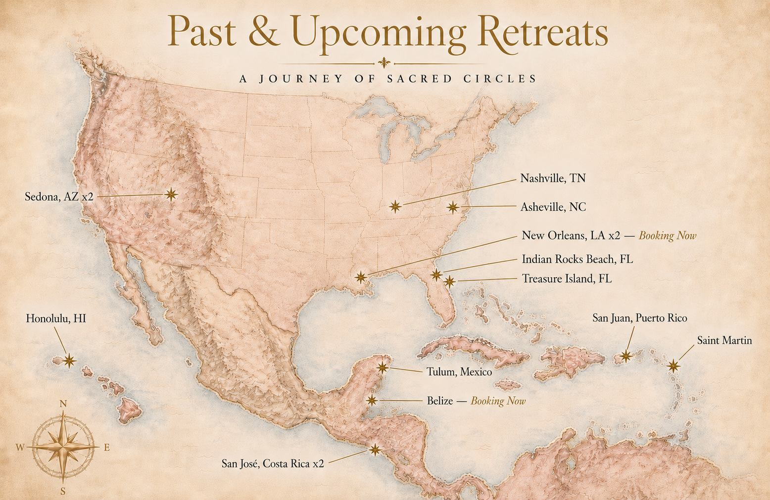 Illustrated map of past retreat locations including Sedona, Tulum, Saint Martin, Costa Rica, Honolulu, Puerto Rico and more